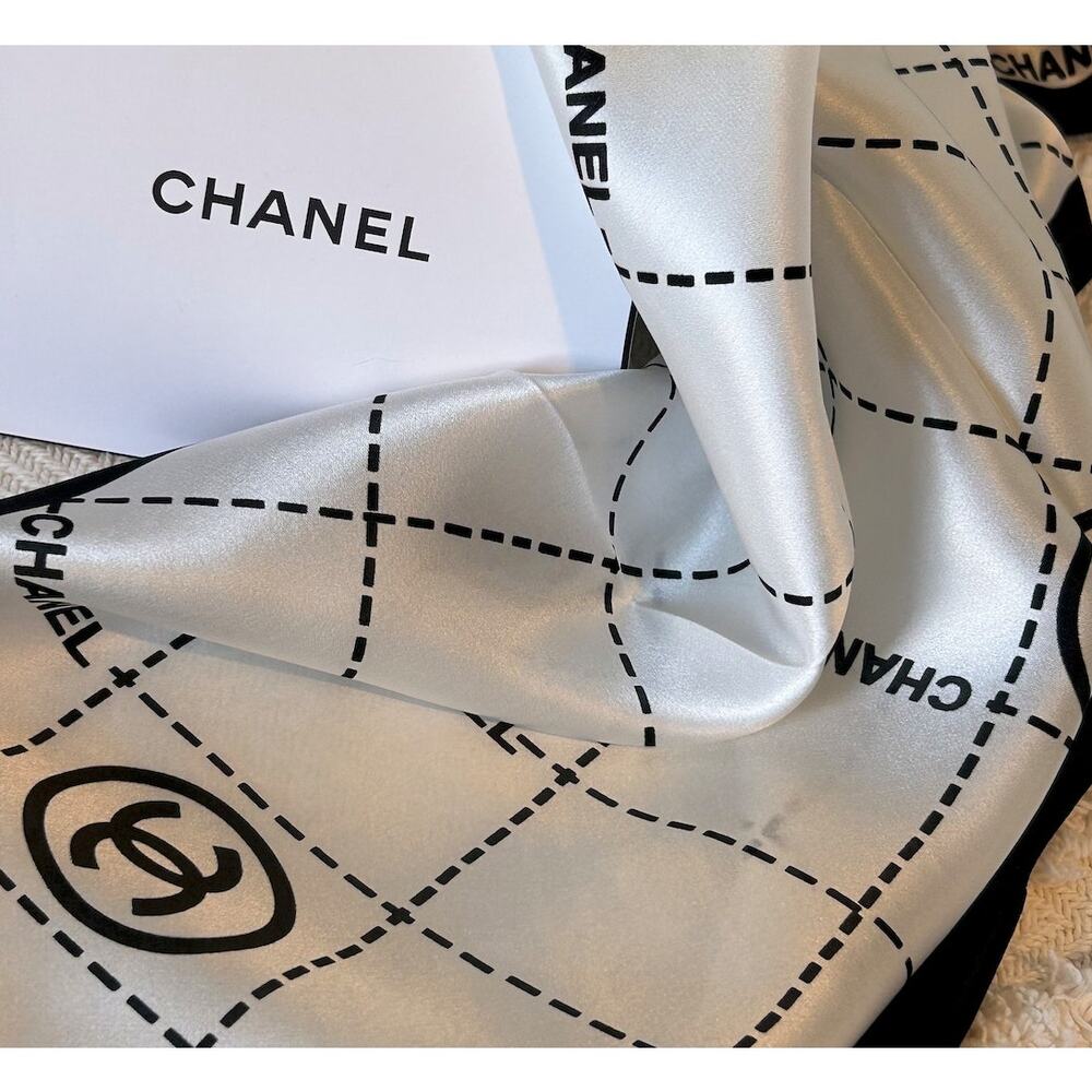 CHANEL White Logo Silk Scarf